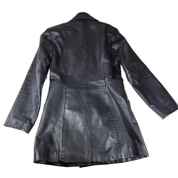 Express Garantie De Qualite Womens Sz Small Jacket Black Leather Coat Buttons - Picture 2 of 16